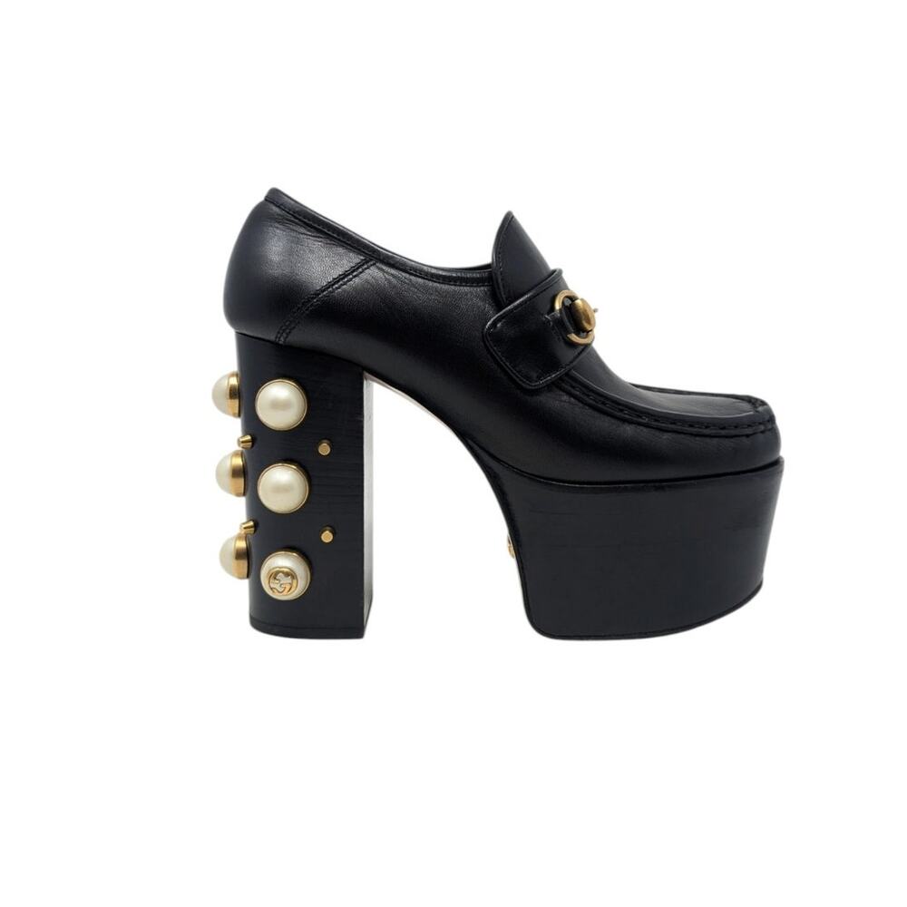 Gucci Black Leather Horsebit Platform Loafer Heels With Pearls 38